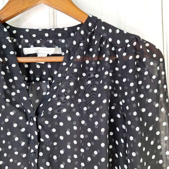 LC Lauren Conrad Sheer Black & White Button-Up Polkadot Puff Sleeve Blouse Sz XS - Picture 2 of 9